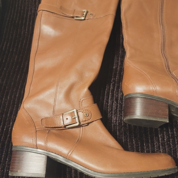 Bandolino Camel Brown Leather Heeled Boots | Classic Buckle Accent - Picture 4 of 9